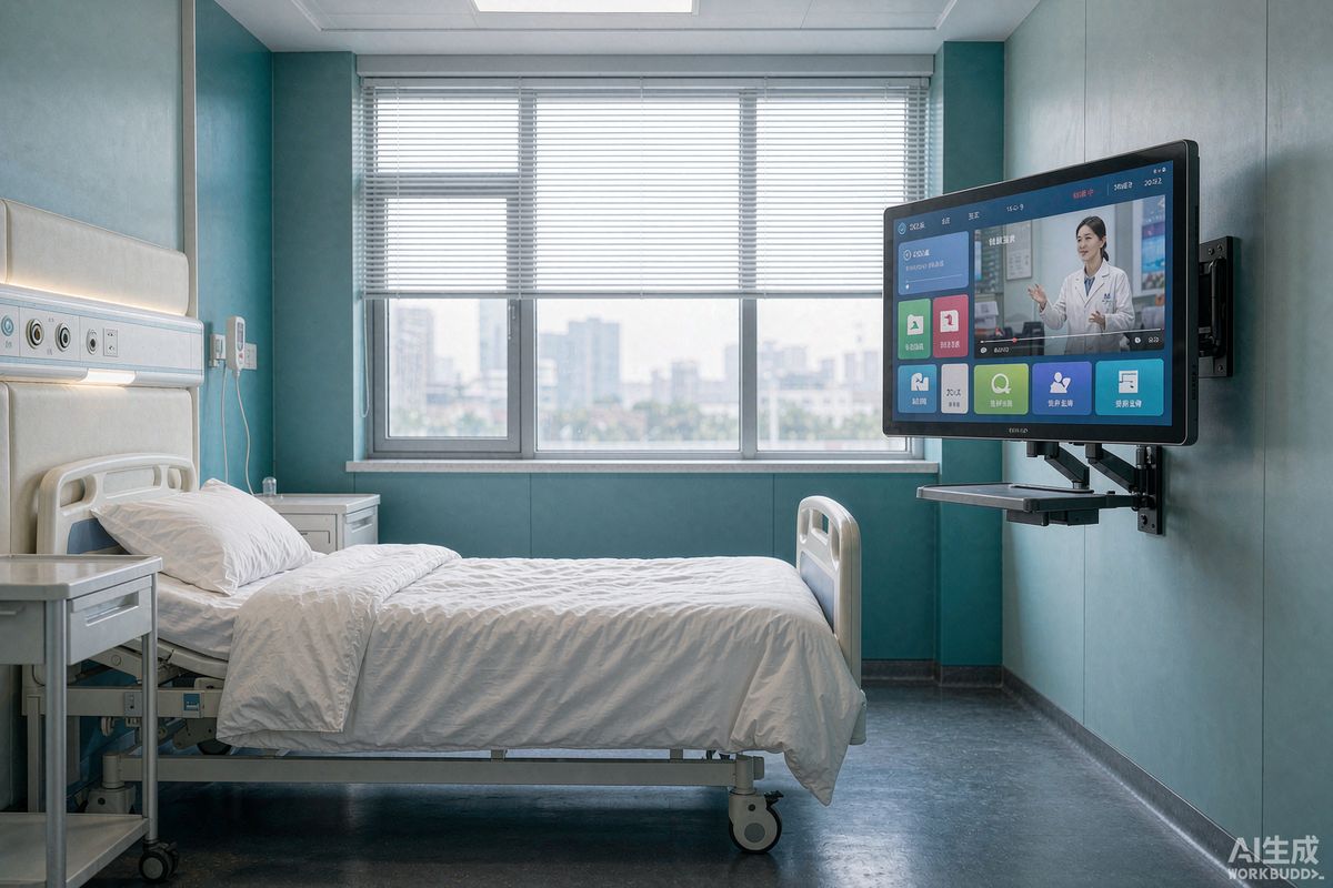 医院IPTV系统病房终端实景：壁挂式智慧病房电视一体机显示直播、点播、营养点餐与费用查询界面